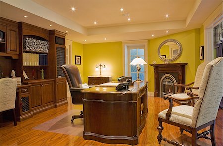 simsearch:614-08881121,k - Wooden desk, chairs and wall unit, cottage style home, Quebec, Canada Stock Photo - Premium Royalty-Free, Code: 614-08329377