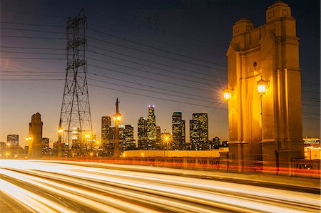 simsearch:6122-07706934,k - Light trails of traffic crossing 4th street bridge, illuminated at night, Los Angeles, California, USA Stock Photo - Premium Royalty-Free, Code: 614-08329560