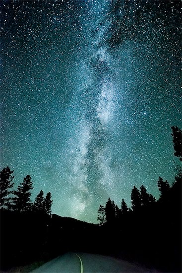 Forest road and milky way at night, Penticton, British Columbia, Canada Foto de stock - Sin royalties Premium, Código de la imagen: 614-08392482