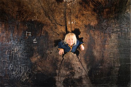 simsearch:695-03379065,k - Portrait of young boy in middle of tree stump, overhead view, Sequoia National Park, California, USA Foto de stock - Royalty Free Premium, Número: 614-08827166