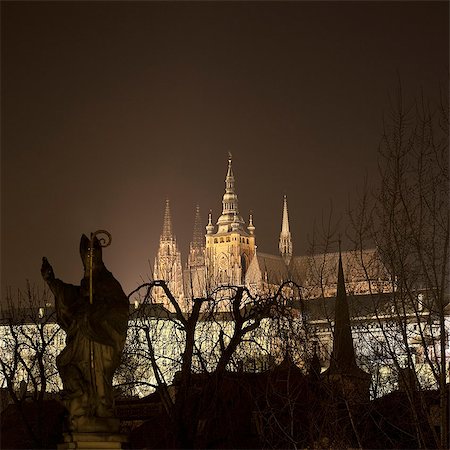 simsearch:6102-08994822,k - Cathedral and statue lit up at night Stock Photo - Premium Royalty-Free, Code: 614-08867709
