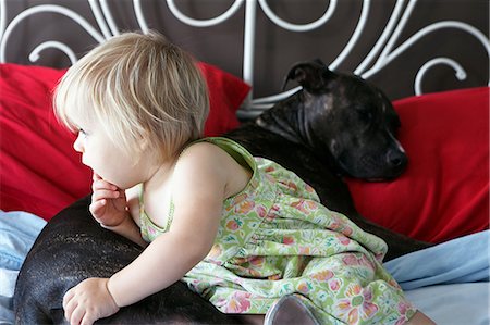 simsearch:614-02611869,k - Girl leaning on dog on bed and looking away Foto de stock - Royalty Free Premium, Número: 614-08875236