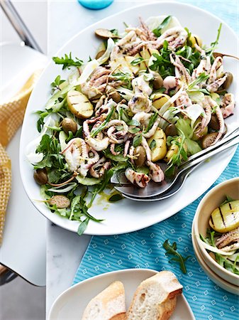 salad bowl top view - Dish of char grilled octopus salad Stock Photo - Premium Royalty-Free, Code: 614-08876344