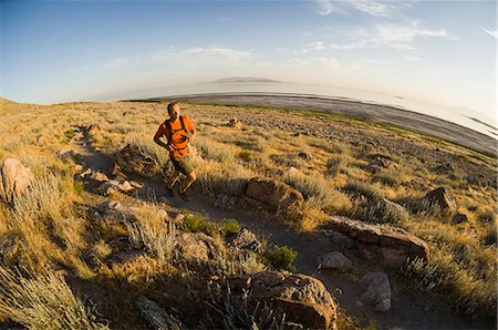 simsearch:614-08876558,k - Male trail runner on the Lakeside Trail, Antelope Island State Park, Utah, USA Fotografie stock - Premium Royalty-Free, Codice: 614-08876520