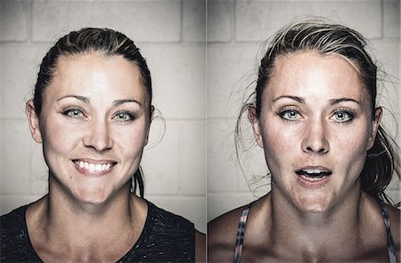 exhausted - Portraits of young woman before and after crossfit training Stock Photo - Premium Royalty-Free, Code: 614-08877645