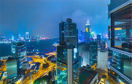 skyline from above night - Central Hong Kong financial district and Victoria harbor, Hong Kong, China Stock Photo - Premium Royalty-Free, Code: 614-08877660