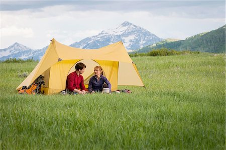 Campers on backpacking trip hanging out, Uinta National Forest, Wasatch Mountains, Utah, USA Stock Photo - Premium Royalty-Free, Code: 614-08878358