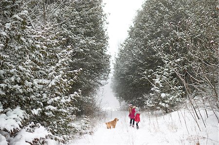 simsearch:614-08126589,k - Sisters exploring snowy forest with dog Photographie de stock - Premium Libres de Droits, Code: 614-08879389