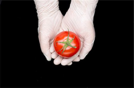 simsearch:614-08871727,k - Gloved hands holding tomato Foto de stock - Sin royalties Premium, Código: 614-08870812