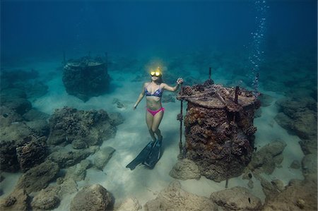 seabed - Underwater view of woman on seabed snorkeling, Oahu, Hawaii, USA Foto de stock - Sin royalties Premium, Código: 614-08880844