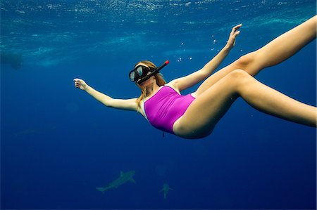 swim woman - Underwater view of woman snorkeling with sea life, Oahu, Hawaii, USA Foto de stock - Sin royalties Premium, Código: 614-08880845