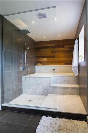 Wet room style glass shower stall with grey and white marble steps and red cedar wooden wall, Quebec, Canada Photographie de stock - Premium Libres de Droits, Code: 614-08881127