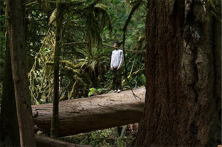 simsearch:649-07736702,k - Teenage boy standing on fallen tree trunk looking away, Pacific Rim National Park, Vancouver Island, Canada Stock Photo - Premium Royalty-Free, Code: 614-08926314