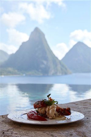 fine dining - Fresh local lobster dish with view of the Pitons, Saint Lucia, Caribbean Stock Photo - Premium Royalty-Free, Code: 614-08926709