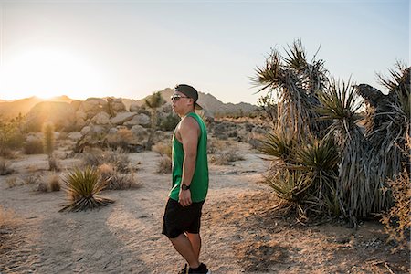 simsearch:633-08726250,k - Young man in Joshua Tree National Park at sunset, California, USA Photographie de stock - Premium Libres de Droits, Code: 614-08946318