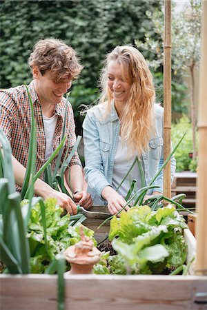 Young man and woman tending to plants in wooden troughs Foto de stock - Sin royalties Premium, Código: 614-08982799