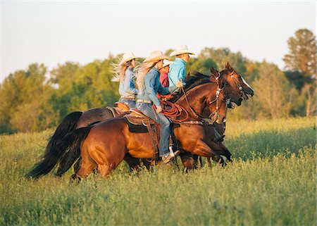 simsearch:614-09038554,k - Group of people riding horses in field Foto de stock - Sin royalties Premium, Código: 614-09110726