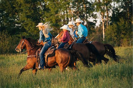 ride (animals) - Group of people riding horses in field Foto de stock - Sin royalties Premium, Código: 614-09110727