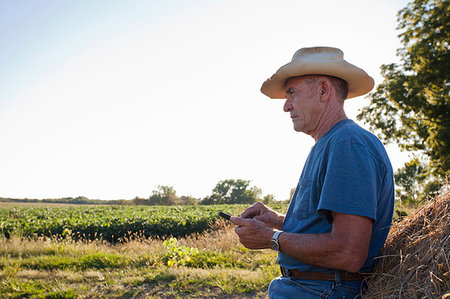 simsearch:6109-08953148,k - Farmer using cell phone by hay bales Stock Photo - Premium Royalty-Free, Code: 614-09209785