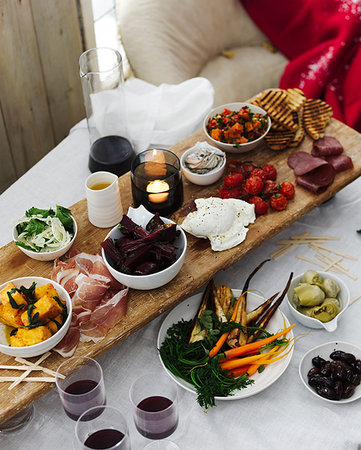 simsearch:614-09210598,k - Dining table selection of antipasto with red wine Stock Photo - Premium Royalty-Free, Code: 614-09210404