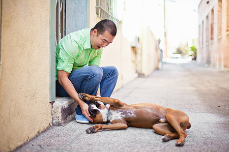 simsearch:649-08840788,k - Mid adult man playing with his boxer dog on doorstep Foto de stock - Sin royalties Premium, Código: 614-09211172