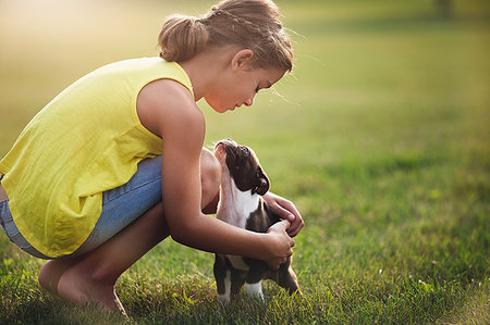 Side view of girl crouching on grass stroking Boston Terrier puppy Stock Photo - Premium Royalty-Free, Code: 614-09212171