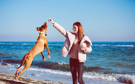 simsearch:614-06897423,k - Mid adult woman on beach playing with her dog, Odessa, Odeska Oblast, Ukraine Stock Photo - Premium Royalty-Free, Code: 614-09213890