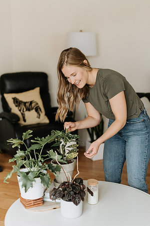 Woman watering house plants Stock Photo - Premium Royalty-Free, Code: 614-09277222