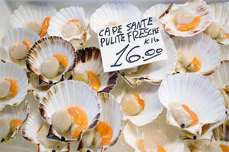 Scallops on a market stall Foto de stock - Royalty Free Premium, Número: 614-02838114