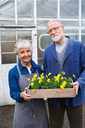 simsearch:6102-03865784,k - An older couple holding a flowerbox outside a greenhouse, Sweden. Foto de stock - Sin royalties Premium, Código: 6102-03827074