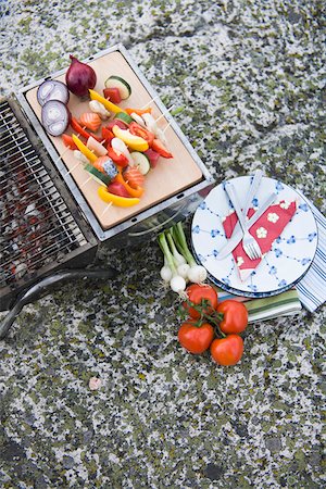 skewer bbq - Vegetables on grill with plates Stock Photo - Premium Royalty-Free, Code: 6102-04929678