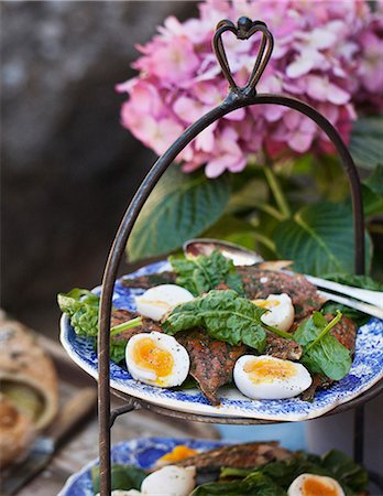 smoked - Grilled meat with spinach leaves on plates Stock Photo - Premium Royalty-Free, Code: 6102-06336664