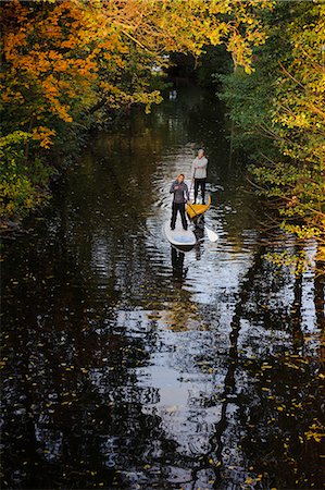 Two people rowing paddle boards in autumn trees, elevated view Stock Photo - Premium Royalty-Free, Code: 6102-06336937