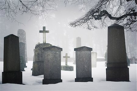 Graveyard in winter fog Photographie de stock - Premium Libres de Droits, Code: 6102-07768527