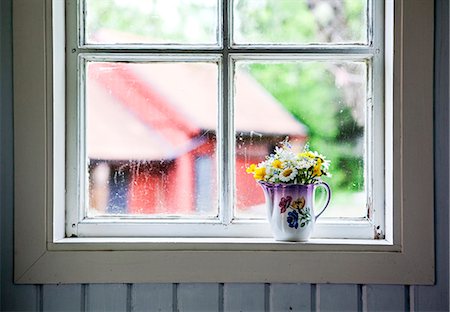 simsearch:6102-07844119,k - Wildflowers in jug on windowsill Stock Photo - Premium Royalty-Free, Code: 6102-07844037