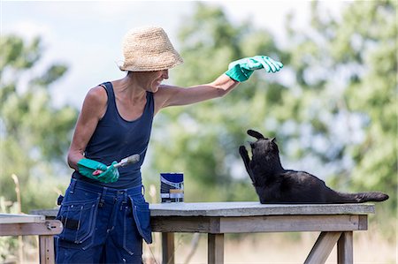 Mature woman playing with cat Foto de stock - Sin royalties Premium, Código: 6102-08000792