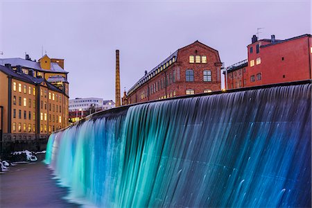 sweden building exterior - Illuminated Cotton Mill Waterfall Stock Photo - Premium Royalty-Free, Code: 6102-08120219
