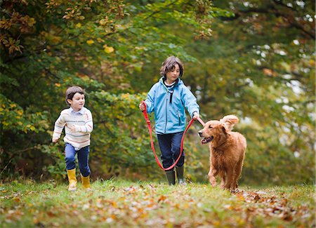 simsearch:6102-08270736,k - Boys with dog walking through forest Foto de stock - Royalty Free Premium, Número: 6102-08270932