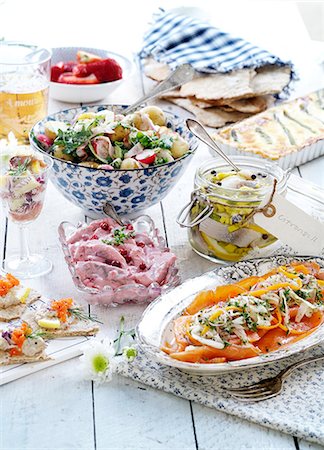 salmon salad top view - Various food on table Stock Photo - Premium Royalty-Free, Code: 6102-08480794