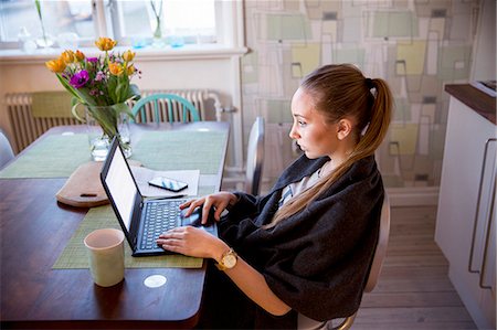 simsearch:6102-08942409,k - Young woman using laptop at home Stock Photo - Premium Royalty-Free, Code: 6102-08481364