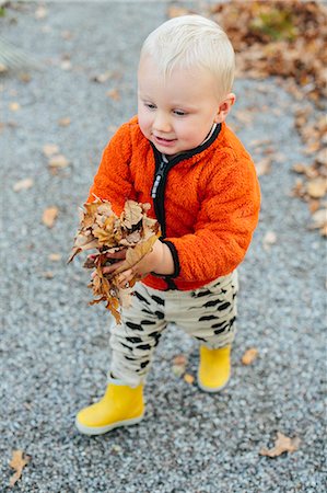 fall imagery rainboots - Boy carrying fallen leaves Stock Photo - Premium Royalty-Free, Code: 6102-08566498