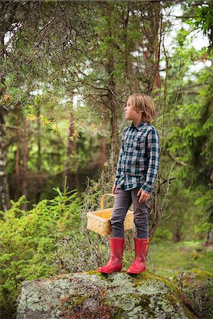 Boy holding basket in forest and looking away Stock Photo - Premium Royalty-Free, Code: 6102-08520590
