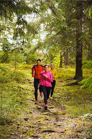 simsearch:6102-08120698,k - Three athletes jogging through forest Foto de stock - Royalty Free Premium, Número: 6102-08746115