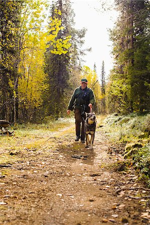 simsearch:6102-08996034,k - Man walking with dog in forest Foto de stock - Sin royalties Premium, Código: 6102-08748677