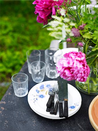 peonies - High angle view of place setting outdoor Foto de stock - Sin royalties Premium, Código: 6102-08760189