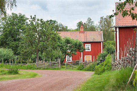 smaland red house photos - Houses along gravelled road Stock Photo - Premium Royalty-Free, Code: 6102-08760948