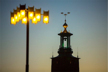 simsearch:6102-08994822,k - Stockholm City hall tower at dusk, Stockholm, Sweden Stock Photo - Premium Royalty-Free, Code: 6102-08885431
