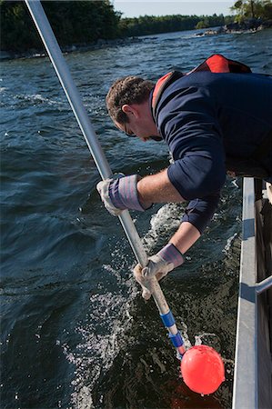 Scientist using a gaff to pull up a buoy attached to an algae sample Stock Photo - Premium Royalty-Free, Code: 6105-05396403