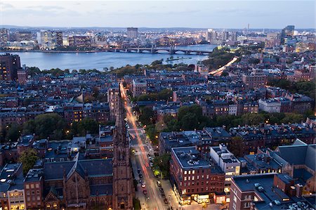 simsearch:6105-05953776,k - High angle view of Back Bay Boston, Berkeley Street and The Charles River at dusk, Boston, Massachusetts, USA Stock Photo - Premium Royalty-Free, Code: 6105-05953772