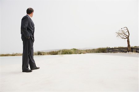 pic of a lonely person standing alone - Businessman standing at the poolside with a bare tree in the background Stock Photo - Premium Royalty-Free, Code: 6108-05865024